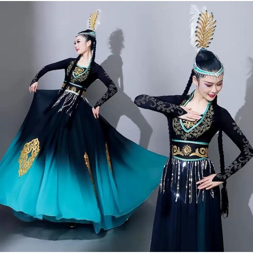 Peacock Green Xinjiang  dance dresses for women girls Uighur dance costume Female art test adult Uyghur ethnic minority practice exercises perform skirts